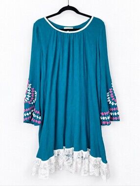 Umgee 2XL Teal Embroidered Bell Sleeve Lace Hem Boho Tunic Dress Cottagecore